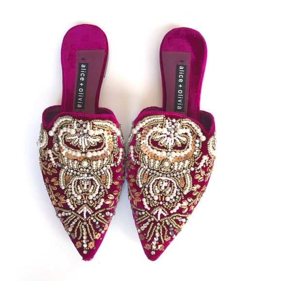 Alice + Olivia Shoes - Alice + Olivia Purple Velvet Beaded Urtin Mules